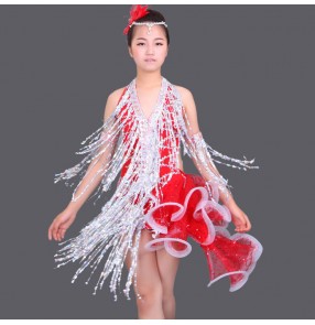 Silver red neon green white patchwork halter neck sequins side fringes tail tassels v neck backless girls kids children performance competition professional latin dance dresses outfits
